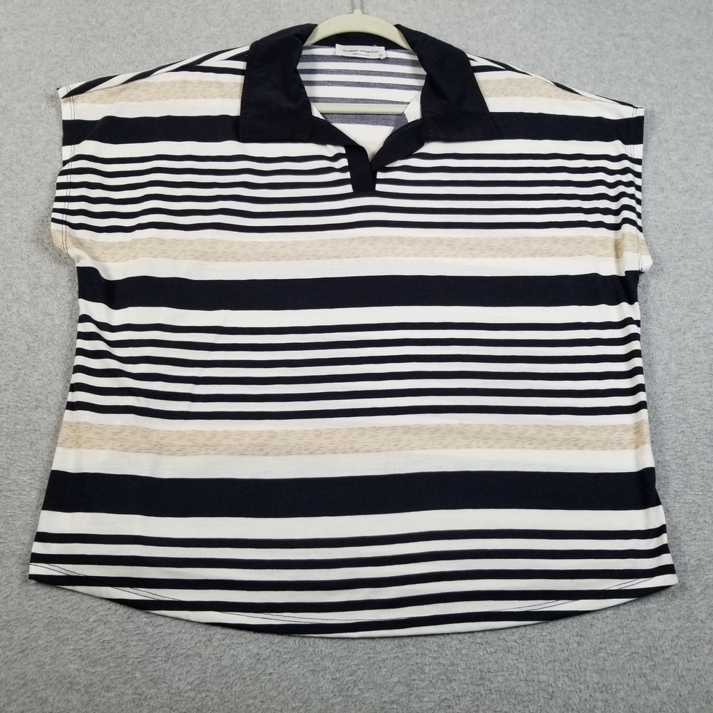 Modern Attraction Polo Shirt Women L Large Blue White Tan Striped Cap Sleeve Top
